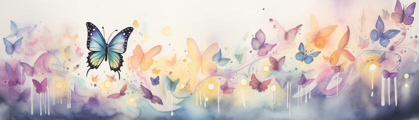 Watercolor painting of a butterfly surrounded by many other butterflies. The butterflies are in various colors and sizes, and the painting has a bright and cheerful mood