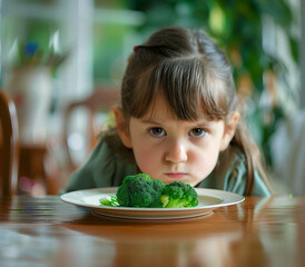 Upset toddler refuses to eat healthy meal because she is a picky eater - obrazy, fototapety, plakaty