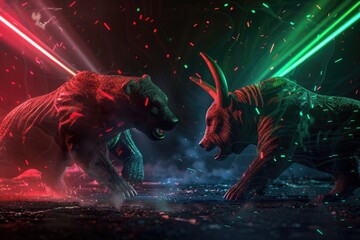 Illuminated bull and bear in dynamic confrontation, embodying stock market trends in a powerful financial concept against a cosmic backdrop - AI generated