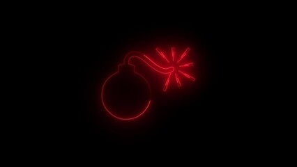 Neon glowing red bomb icon animation in black background