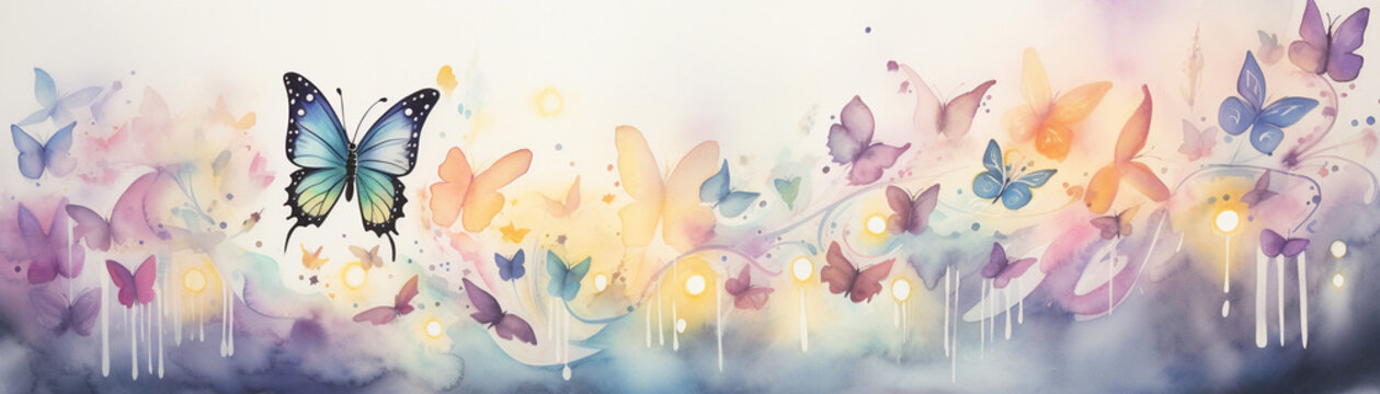 Fototapeta Watercolor painting of a butterfly surrounded by many other butterflies. The butterflies are in various colors and sizes, and the painting has a bright and cheerful mood