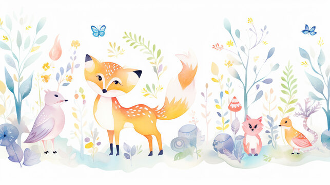 Watercolor painting of colorful forest scene with a fox, a cat, a bird, and a butterfly. The fox is the main focus of the image, and the other animals are scattered throughout the scene.