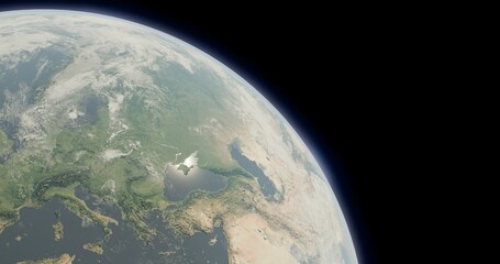 Fototapeta premium Realistic Space look of European region of the Earth on black background. Map of Europe. Ukraine and Black Sea from Space. Elements of this image furnished by NASA. 3D rendering