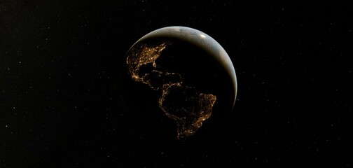 Naklejka premium Dark Realistic look of the Earth in shadows from space. The Earth planet on black background. Night from the space in America. Elements of this image furnished by NASA. 3D rendering