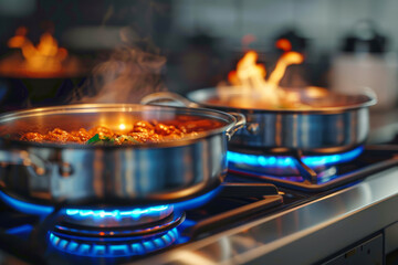 Two pots of food are cooking on a stove with blue flames. pots are filled with a variety of ingredients, including vegetables and meat. The blue flames give the scene a warm. or advertising posters