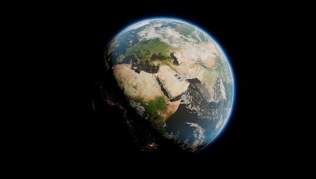 Realistic look on the Earth from space. The Earth on black background. Space map of European, Asian and African region of the planet. Elements of this image furnished by NASA. 3D rendering