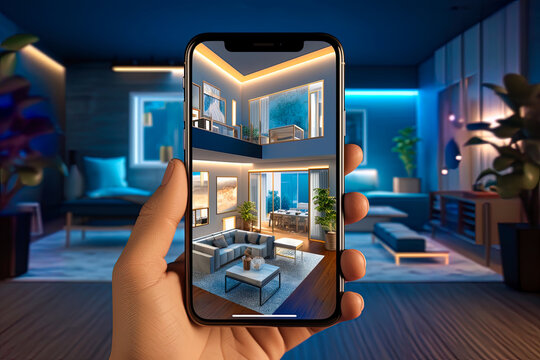 A hand holding a phone with a picture of a living room on it, modern design