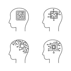 Artificial intelligence, smart robotics, chat bots icons in simple line style. Pictograms of digital technologies AI, machine learning. Isolated outline vector illustration