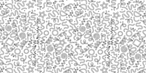 Fun black line doodle seamless pattern. Creative minimalist style art background for children or trendy design with basic shapes. Simple childish scribble backdrop.