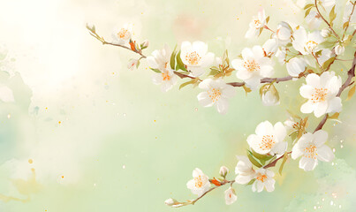 Fototapeta premium Blossoming cherry branch on green background, Generative AI 