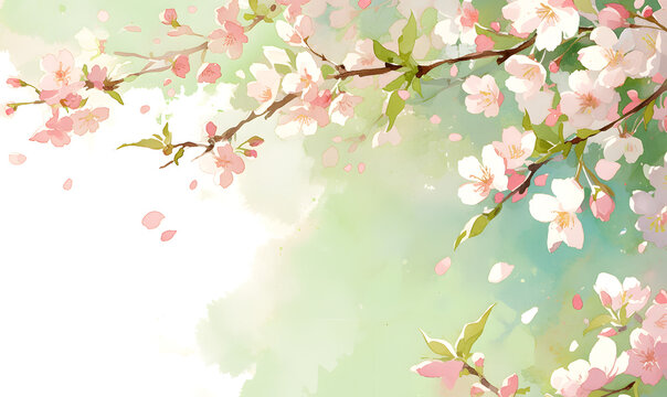 Blossoming cherry branch on green background, Generative AI © simba kim