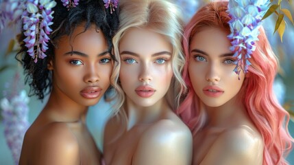 Portrait of beauty faces framed by a cascade of colorful blossoms, capturing the fresh essence of floral femininity in a surreal setting.