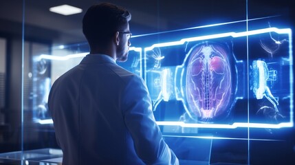 Digital healthcare on the futuristic hologram. Cardiologist doctor - obrazy, fototapety, plakaty