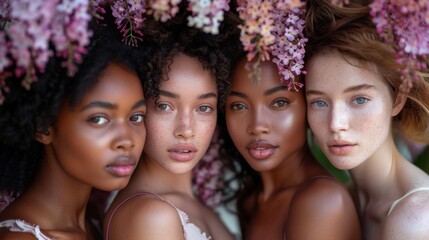 Fototapeta premium Portrait of beauty faces framed by a cascade of colorful blossoms, capturing the fresh essence of floral femininity in a surreal setting.