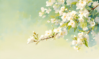 Blossoming cherry branch on green background, Generative AI 