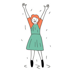 Happy young woman with raised hands in doodle style.