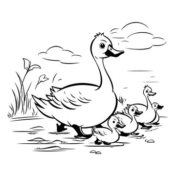 recommend clip art: Duckling with goslings. Black and white vector illustration.