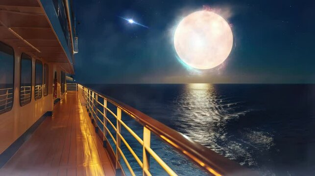 beautiful view when sailing at night with a panoramic view of the full moon. seamless looping time-lapse virtual video Animation Background.