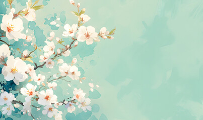 Obraz na płótnie Canvas Blossoming cherry branch on green background, Generative AI 