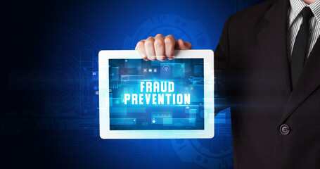 Person holding tablet, security concept