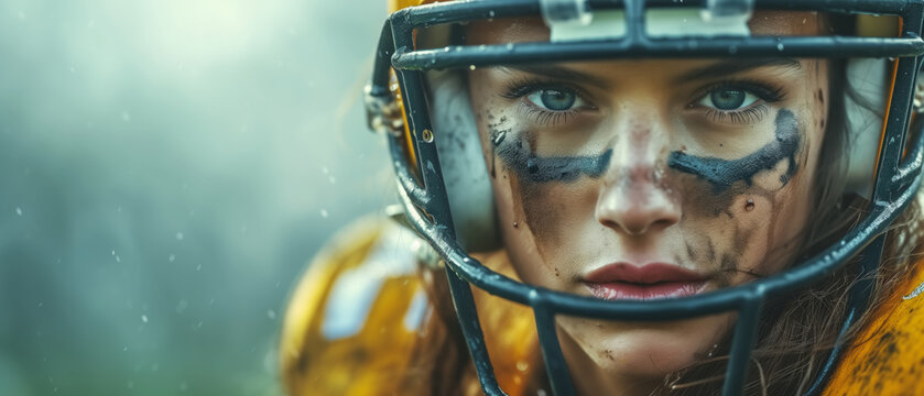Close-up of a sportswoman in a football helmet, a female rugby player looking at camera