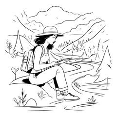 Hiking girl with backpack and map in the mountains.