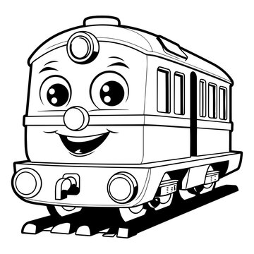 Train with smiley face. black and white illustration. vector.