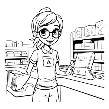 Girl at the cash register in a store. black and white vector illustration