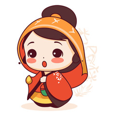 Illustration of a cute little girl wearing a traditional japanese costume