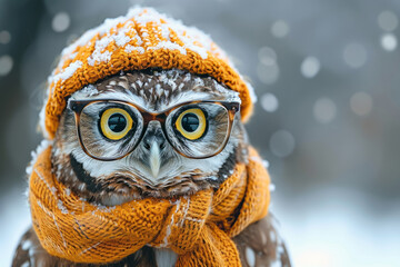 A small owl wearing a yellow hat and glasses. The owl is looking at the camera. The image has a playful and whimsical mood. funny colorful owl in warm clothes