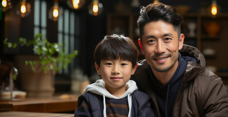 Portrait of father and son. Asian middle age male with boy, smiling and happy sitting indoor. Father's Day concept.