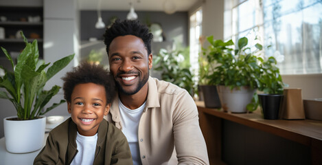 Portrait of father and son. African american middle age male with boy, smiling and happy sitting indoor. Father's Day concept.