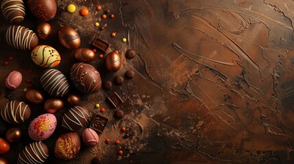 Easter wallpaper with chocolate eggs on a brown background - obrazy, fototapety, plakaty