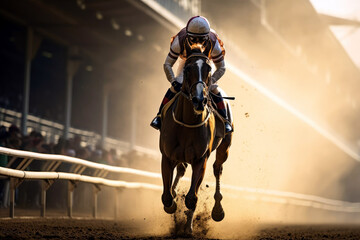 male rider on a horse shows power and determination in the fight for victory in a derby competition against the backdrop of the main grandstand - obrazy, fototapety, plakaty