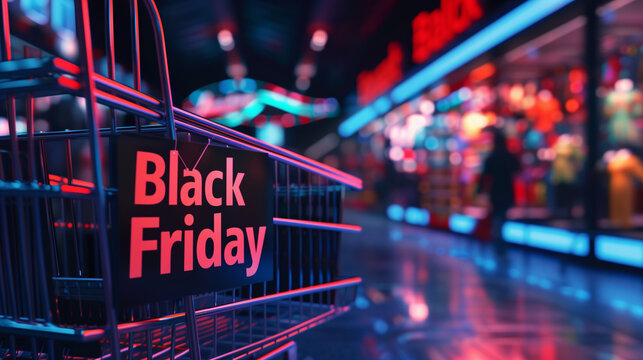 A shopping cart adorned with a bold Black Friday sign, ready for the frenzy of holiday shopping