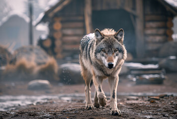 a full body photo of an old wolf with gray fur and black eyes