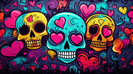 Abstract grunge urban pattern with skull head, monster character, Super drawing in graffiti style, bright vibrant retro colors, blue, pink, orange and purple, multicolors background.