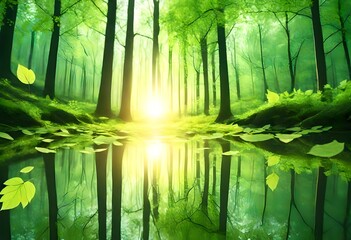 spring forest - fresh leaves and sun ray-
