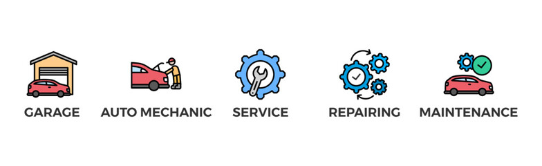 Car servicing banner web icon vector illustration concept with icon of garage, auto mechanic, service, repairing and maintenance	