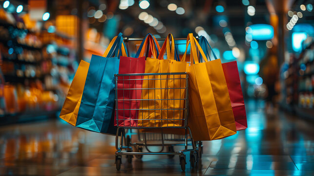A shopping cart bursting at the seams with a vibrant array of shopping bags in all colors of the rainbow, a festive sight perfect for Black Friday shopping