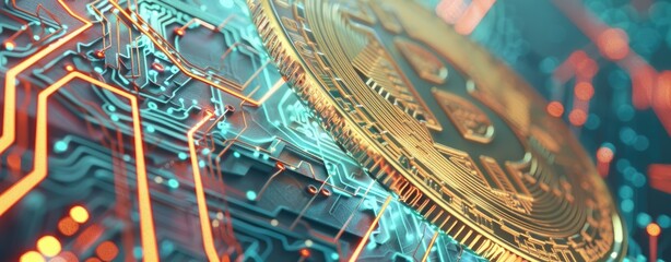 Bitcoin dominance in a digital world, a symbolic coin stands center in a network of cyber connections reflecting cryptocurrency's impact - AI generated - obrazy, fototapety, plakaty