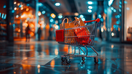 A shopping cart overflows with colorful shopping bags in a bustling mall on Black Friday