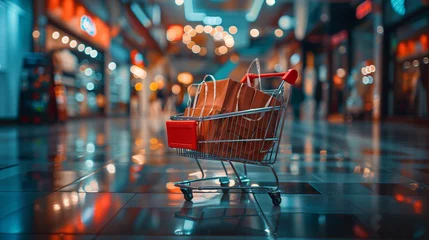 Foto op Aluminium A shopping cart filled with two vibrant shopping bags overflowing with new purchases, ready to tackle Black Friday deals © Fokke Baarssen
