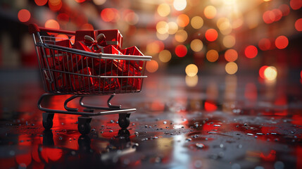 A shopping cart overflows with numerous vibrant red bags, symbolizing an exciting Black Friday shopping spree filled with great deals and bargains - obrazy, fototapety, plakaty