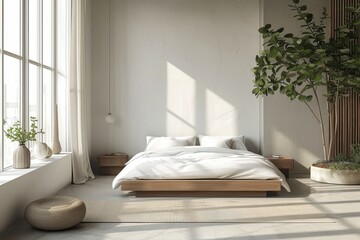 A modern minimalist bedroom characterized by clean lines