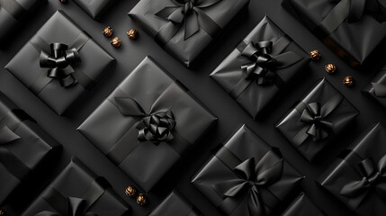 A group of black wrapped presents sits neatly arranged on a table, waiting to reveal their surprises