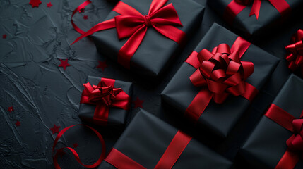 A colorful group of wrapped presents adorned with bright red ribbons for a special occasion or holiday celebration
