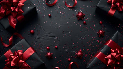 A captivating scene filled with vibrant red bows and balls on a sophisticated black and red background. A festive and elegant display perfect for Black Friday
