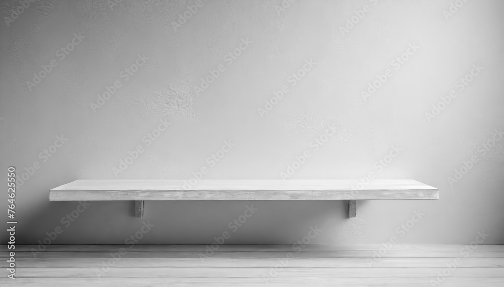 Aufkleber a white shelf with a white wall behind it. the shelf is made of wood with free space as a podium for