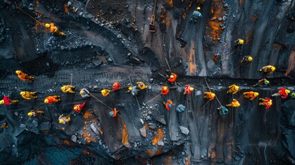 Aerial view of coal mine operation with workers in reflective clothing